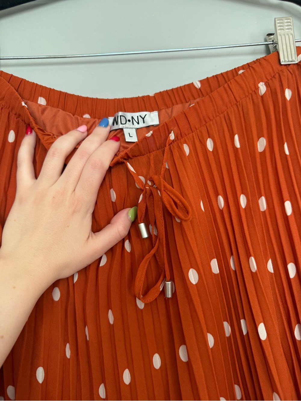 WD.NY Medi Maxi Skirt Pleats Pleated Burnt Orange White Polka Dots L Bohemian - Picture 4 of 5
